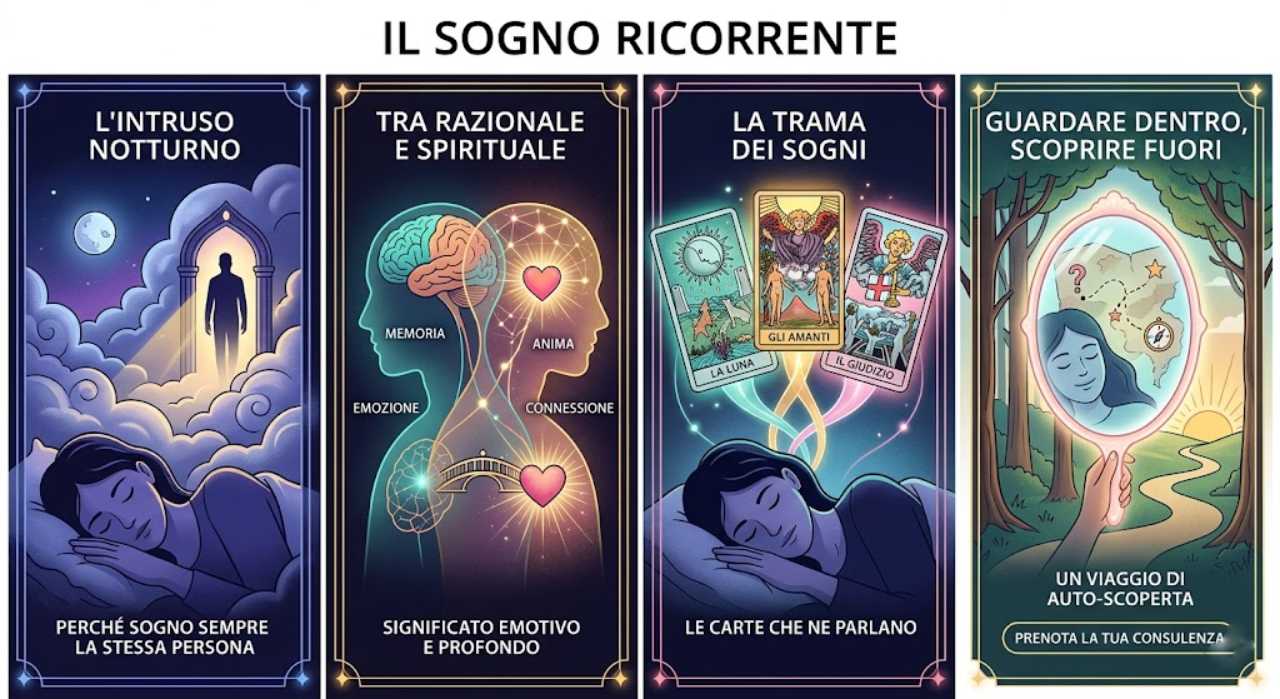 Profilo di una donna ad occhi chiusi circondata da un'atmosfera onirica, simbolo del sognare sempre la stessa persona