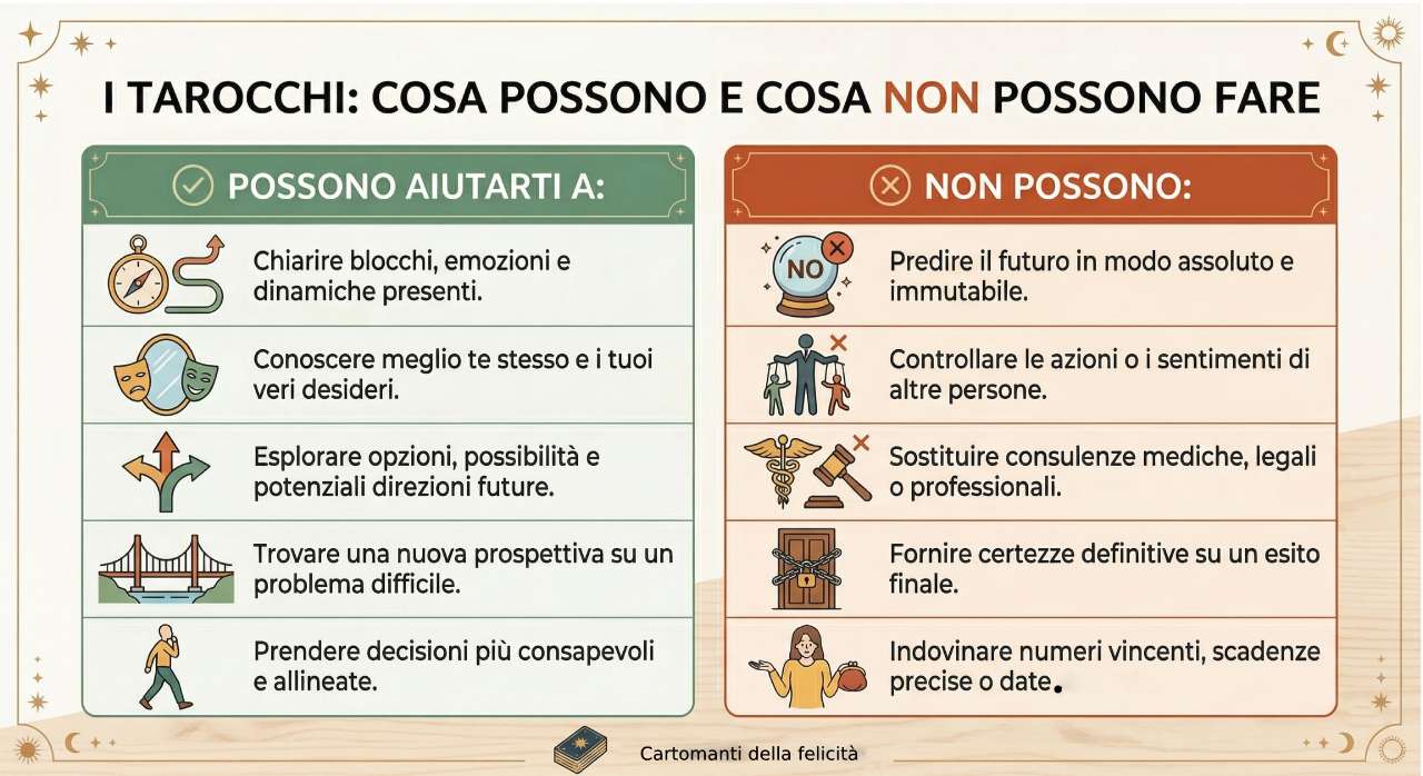 Infografica su cosa possono e cosa non possono fare i tarocchi in un consulto professionale