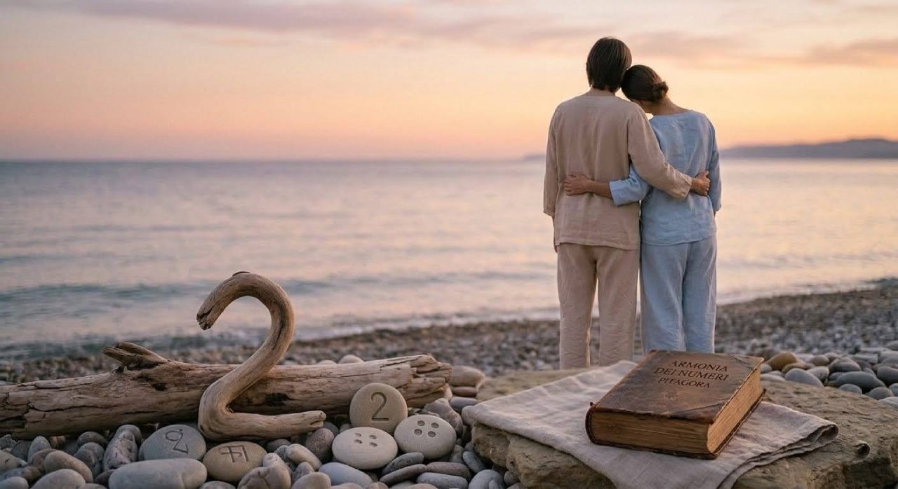 Due persone che guardano l'orizzonte al tramonto, armonia e il significato del numero 2 nella numerologia